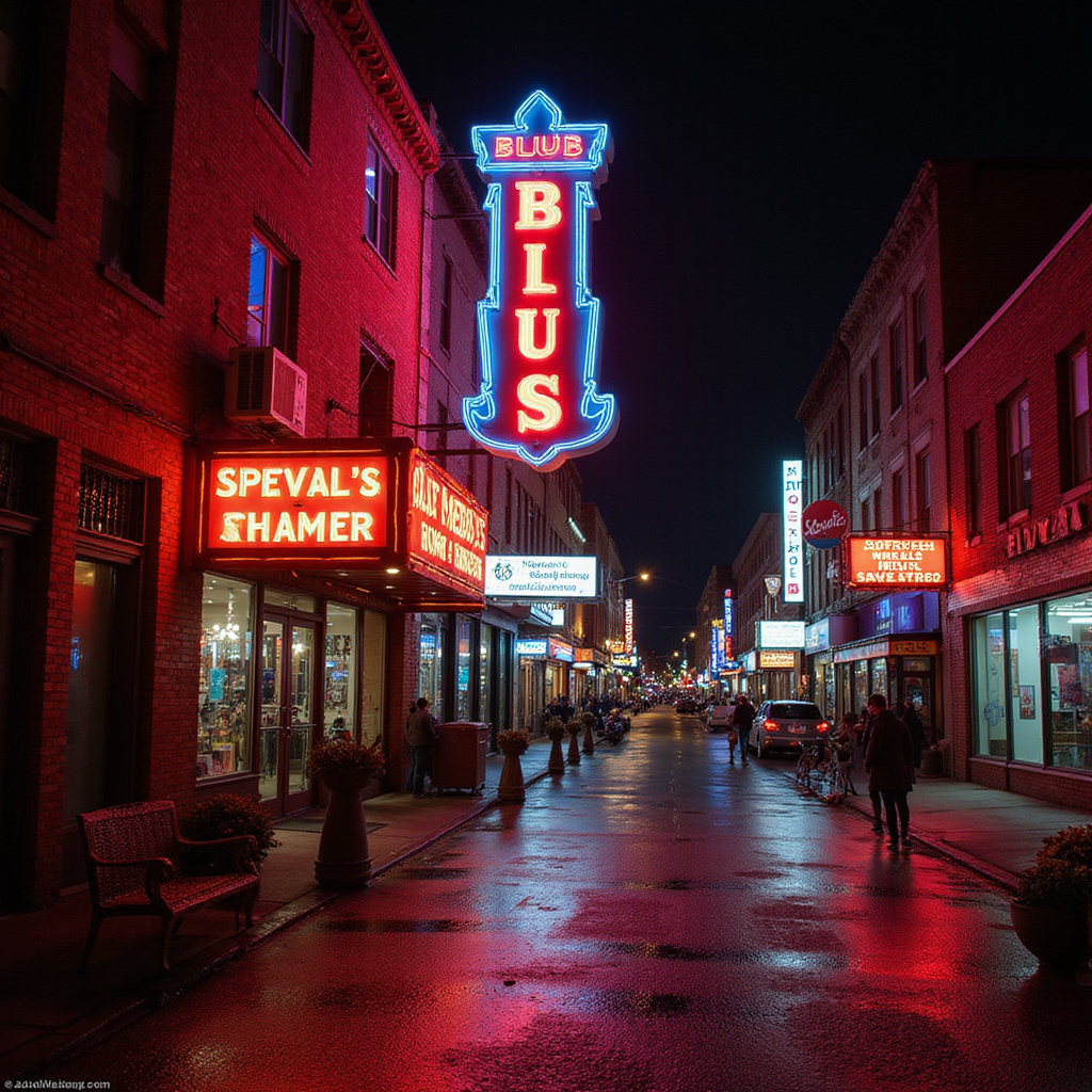 widok na Beale Street w Memphis z neonami klubów bluesowych