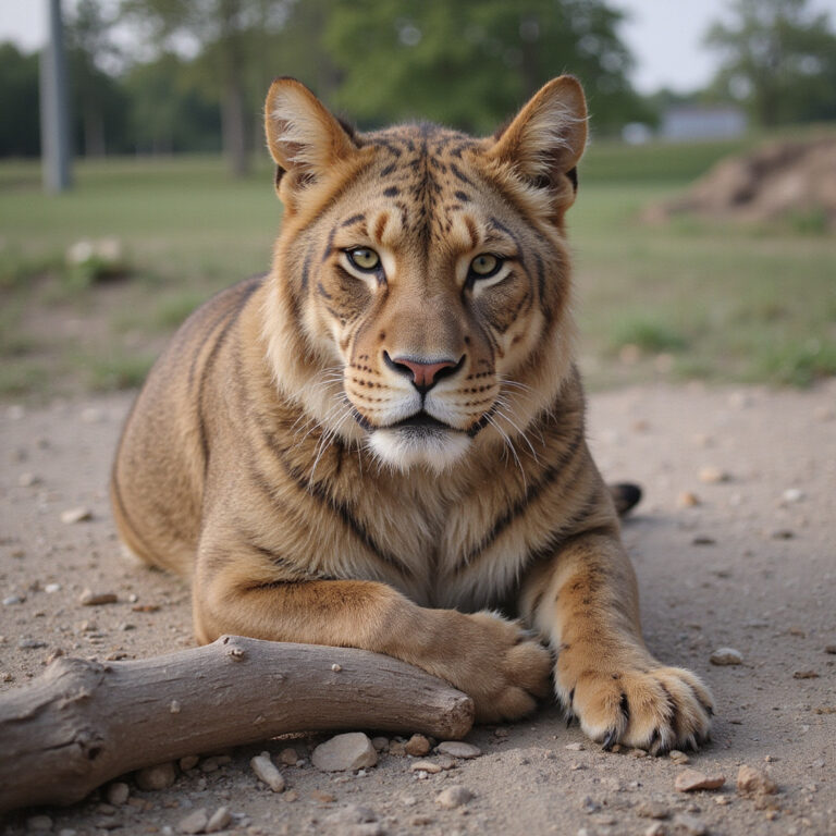 Biały tygrys w ZOO Liberec odpoczywający na trawie w słoneczny dzień