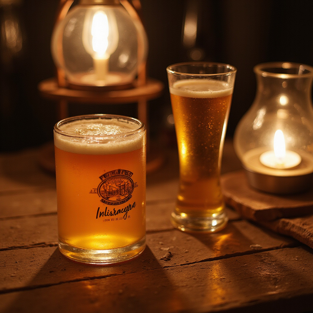 Degustacja craft beer w tawernie z drewnianymi stołami i światłem lamp