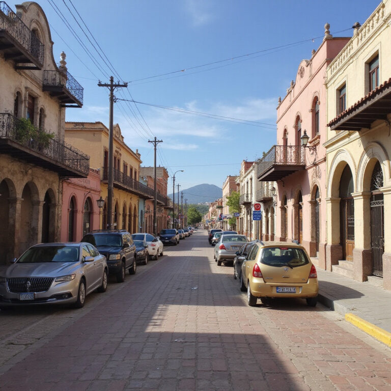 Kolorowa ulica w San Miguel de Allende z artystami przy pracy