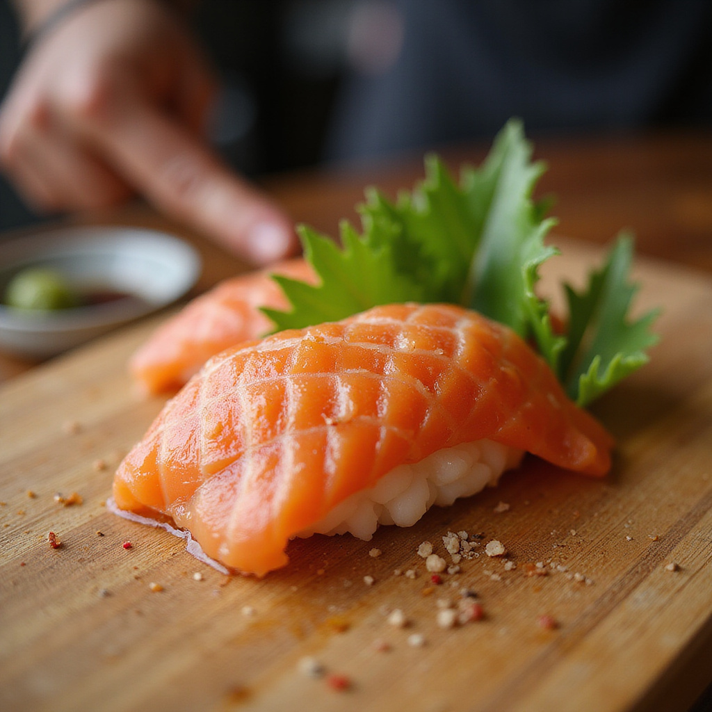 Mistrz sushi przygotowuje nigiri w tokijskim barze, świeże ryby i tradycyjne techniki