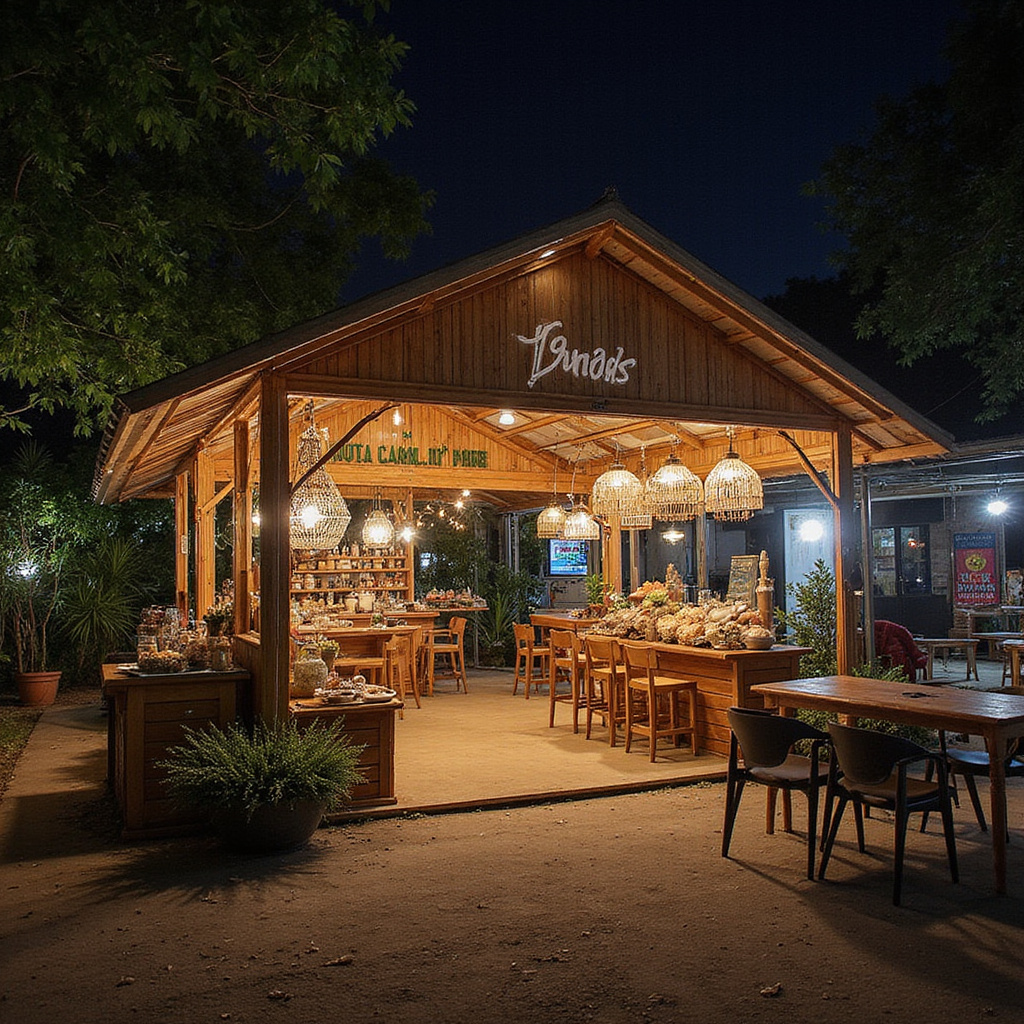 nocny targ Cicada Market Hua Hin z kolorowymi straganami i światłami