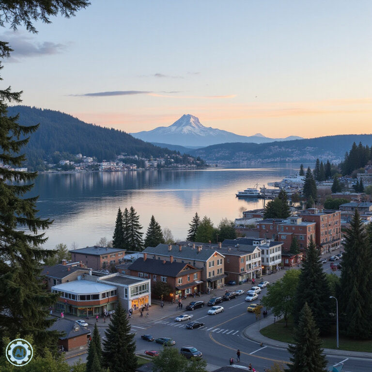 Ulica w Seattle podczas podróży na własną rękę po Seattle z widokiem na wieżę i wody Puget Sound