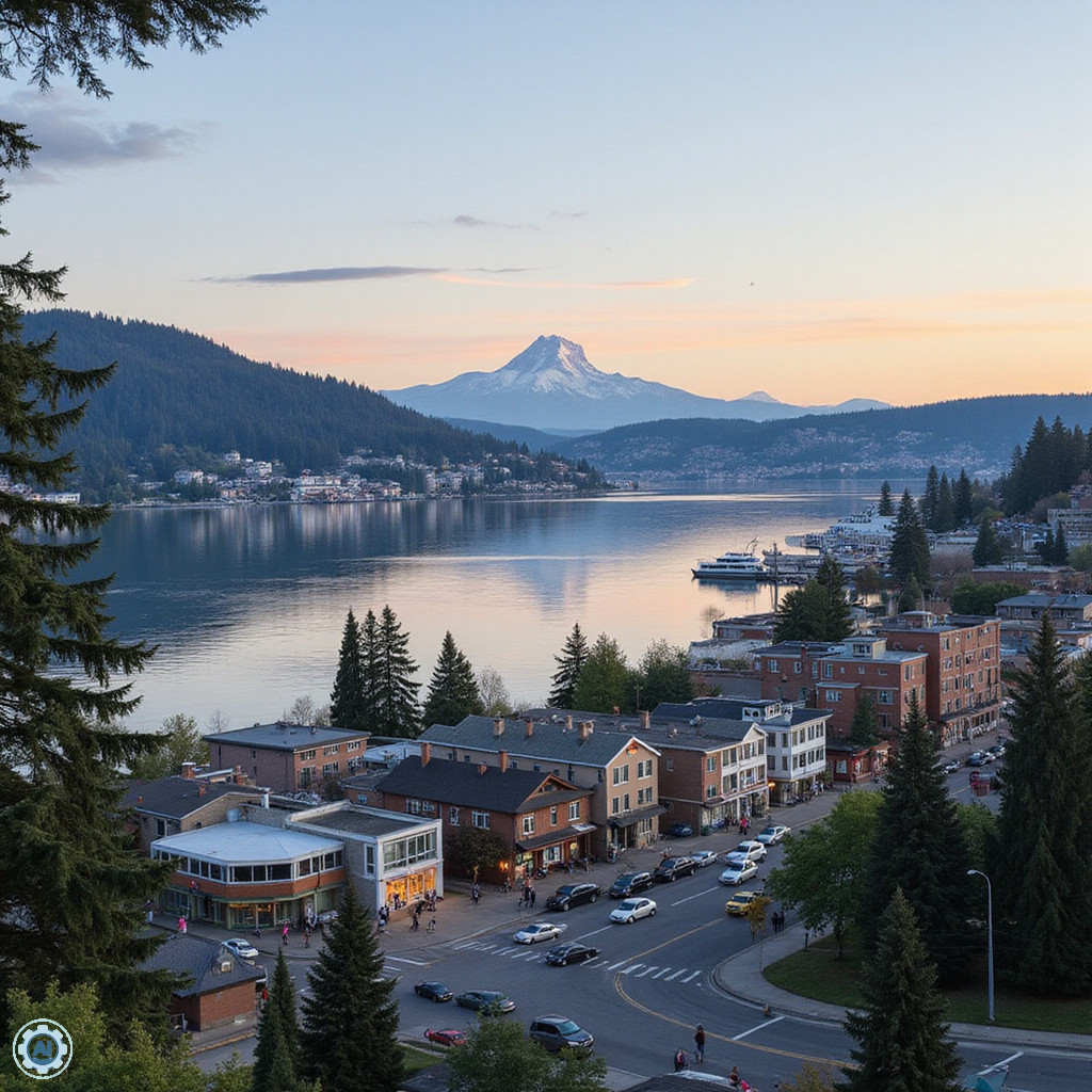 Ulica w Seattle podczas podróży na własną rękę po Seattle z widokiem na wieżę i wody Puget Sound