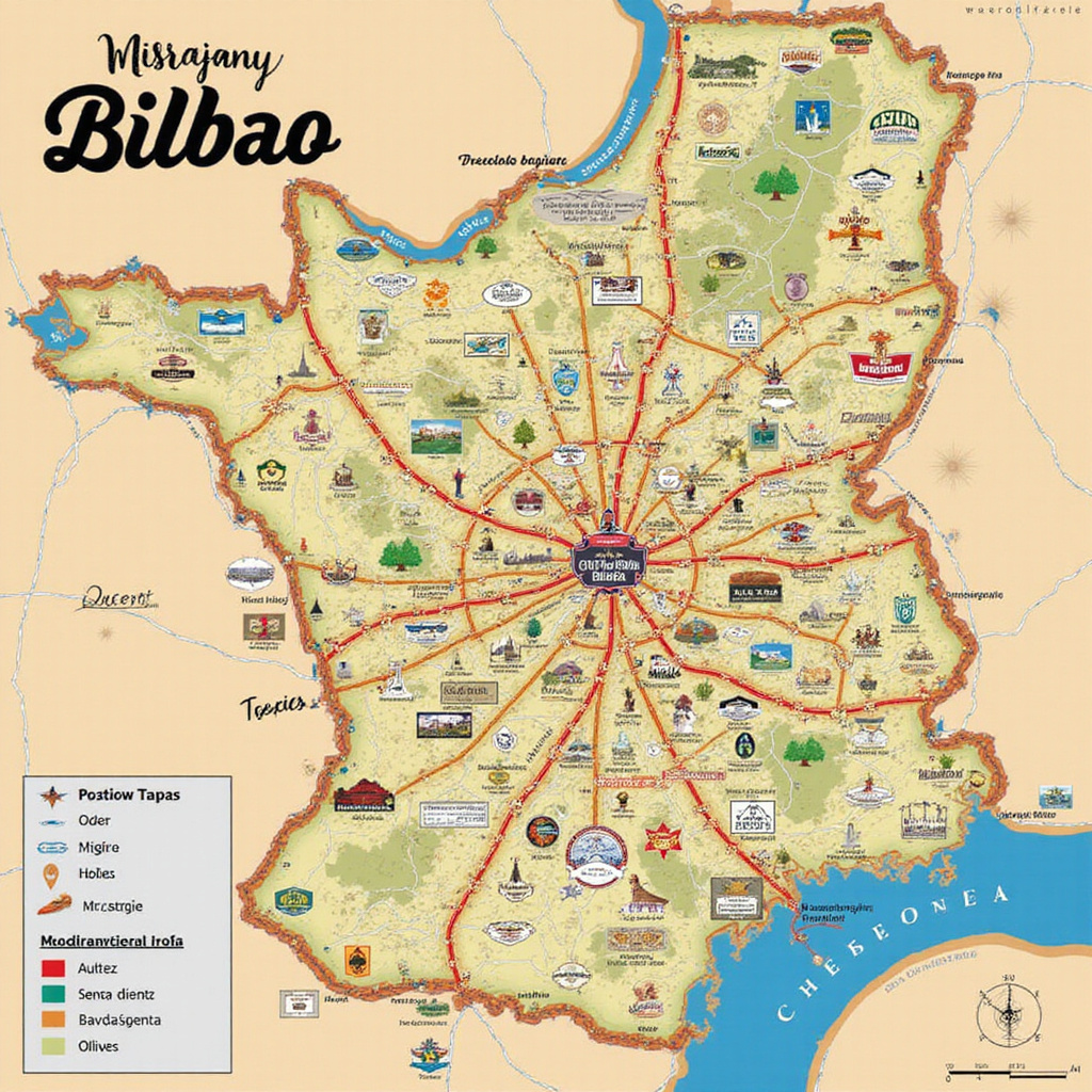 Mapa turystyczna pokazująca gdzie zjeść w Bilbao z pintxos i tapas