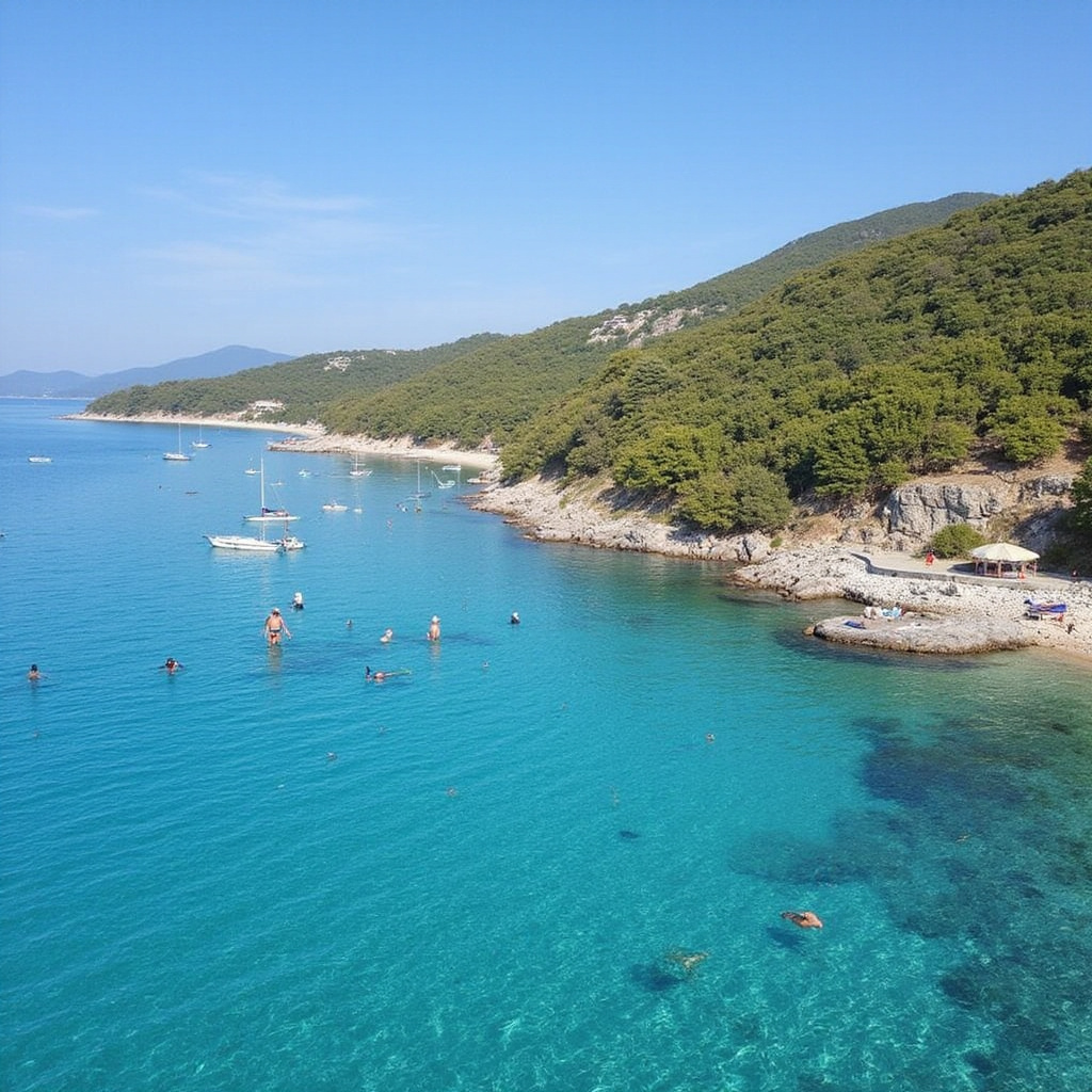 Plaża Chalok Baan Kao z widokiem na bungalowy i turystów przygotowujących się do snorkelingu