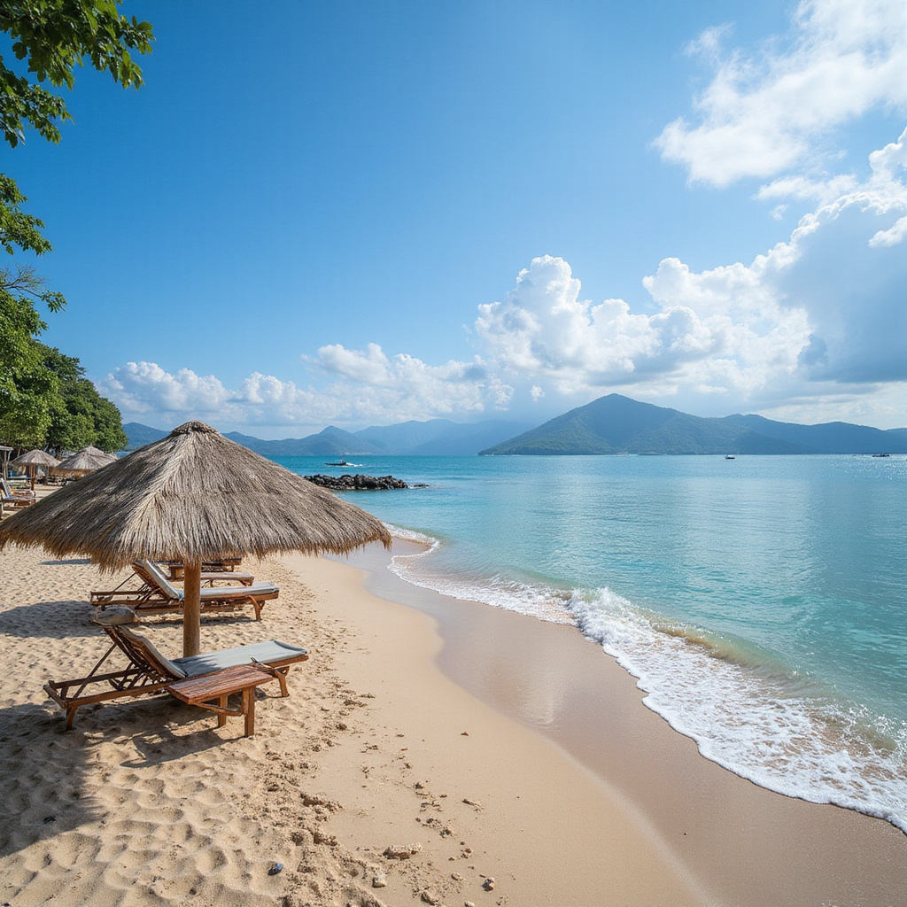 Plaża w Nha Trang z widokiem na atrakcje Nha Trang i turystami odpoczywającymi nad turkusową wodą