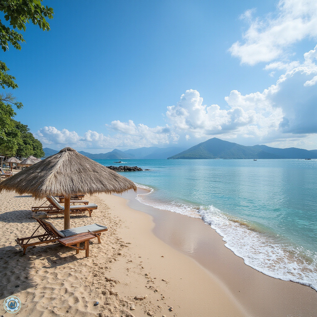 Plaża w Nha Trang z widokiem na atrakcje Nha Trang i turystami odpoczywającymi nad turkusową wodą