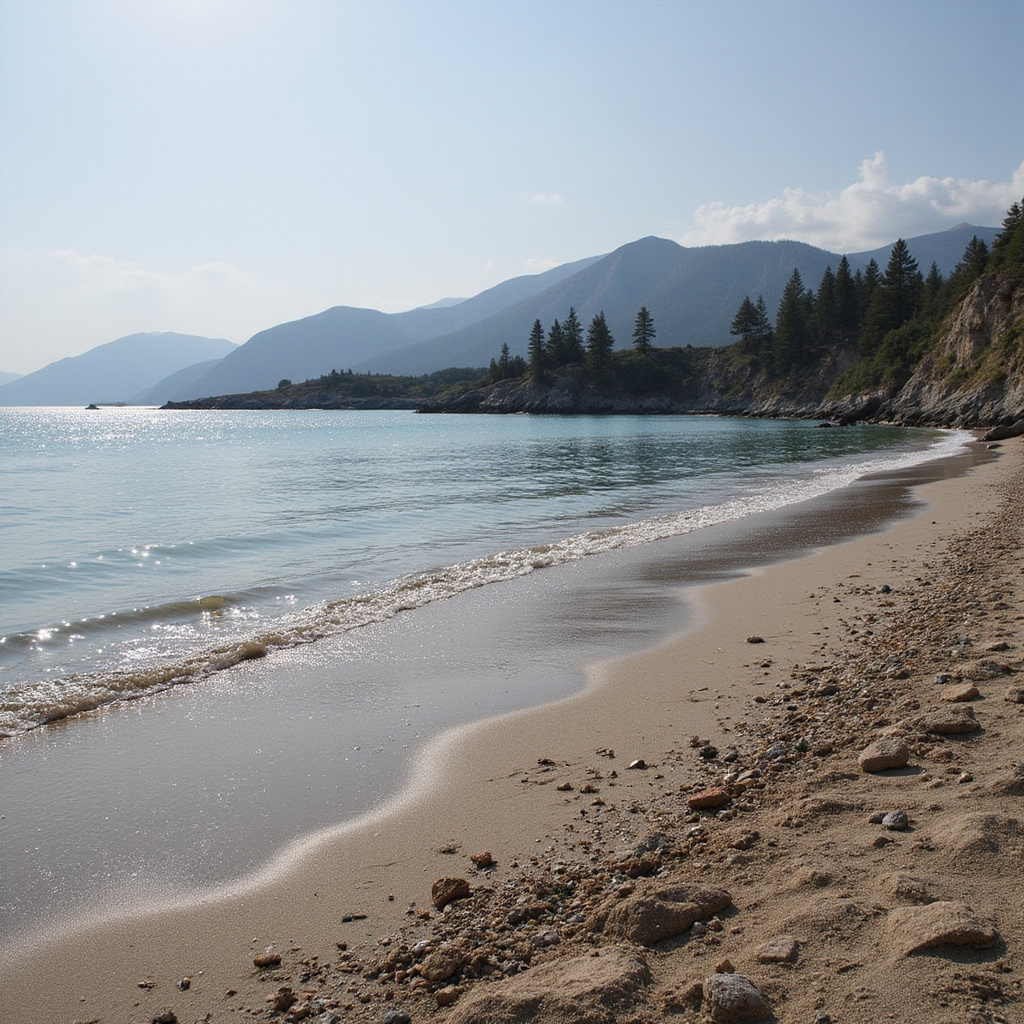 Plaża z falami Pacyfiku i górami Sierra Madre w tle
