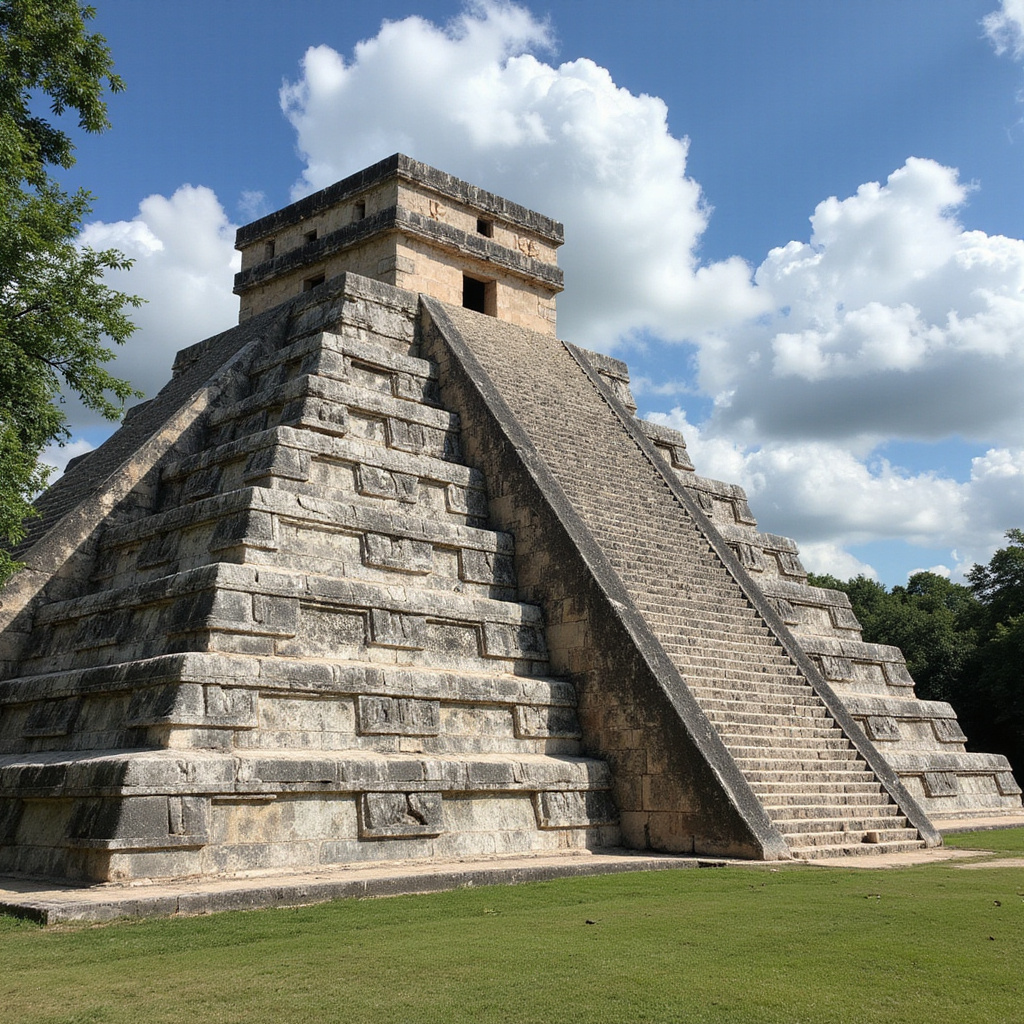 Poranne światło nad strefą archeologiczną Chichen Itza z elementami architektury Majów i tropikalnej przyrody