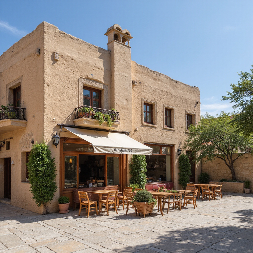 Ulica w Tunisie z restauracją serwującą dania halal, w tle charakterystyczna architektura
