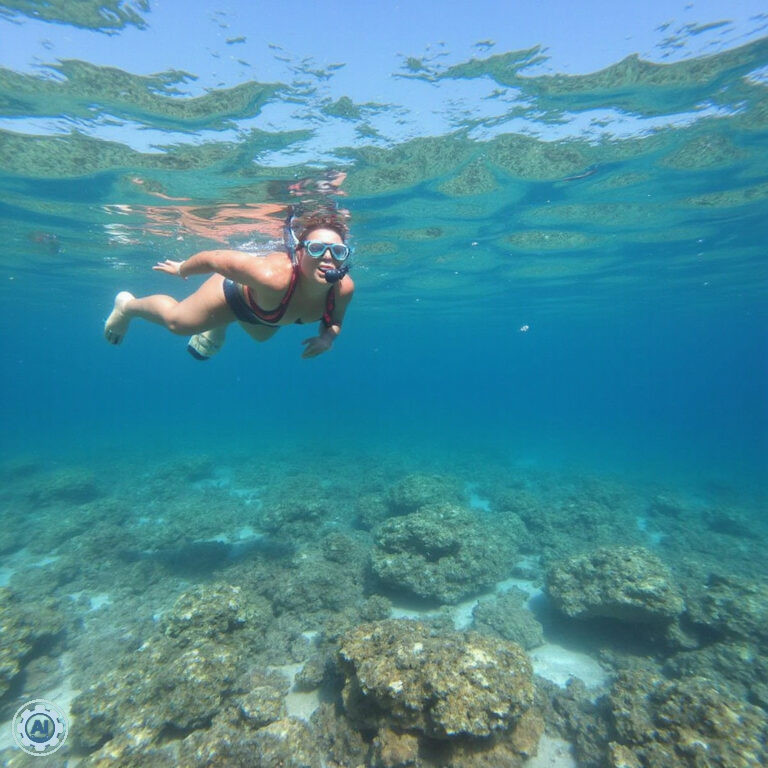 Snorkeling na Koh Tao - turysta pływa nad kolorową rafą koralową w płytkiej wodzie