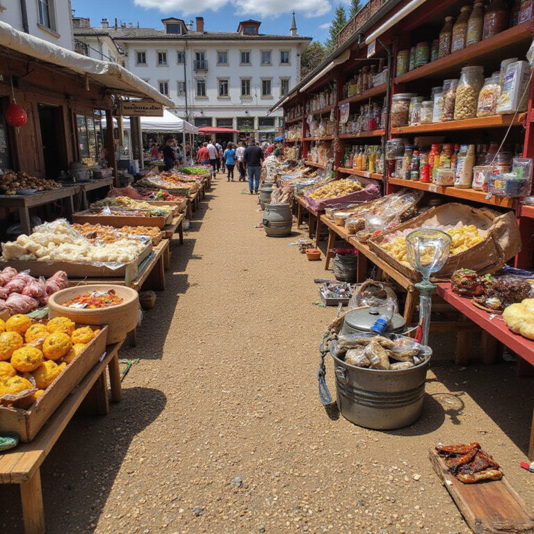 Kolorowe stragany Salamanca Market z drewnianymi wyrobami i lokalnym miodem