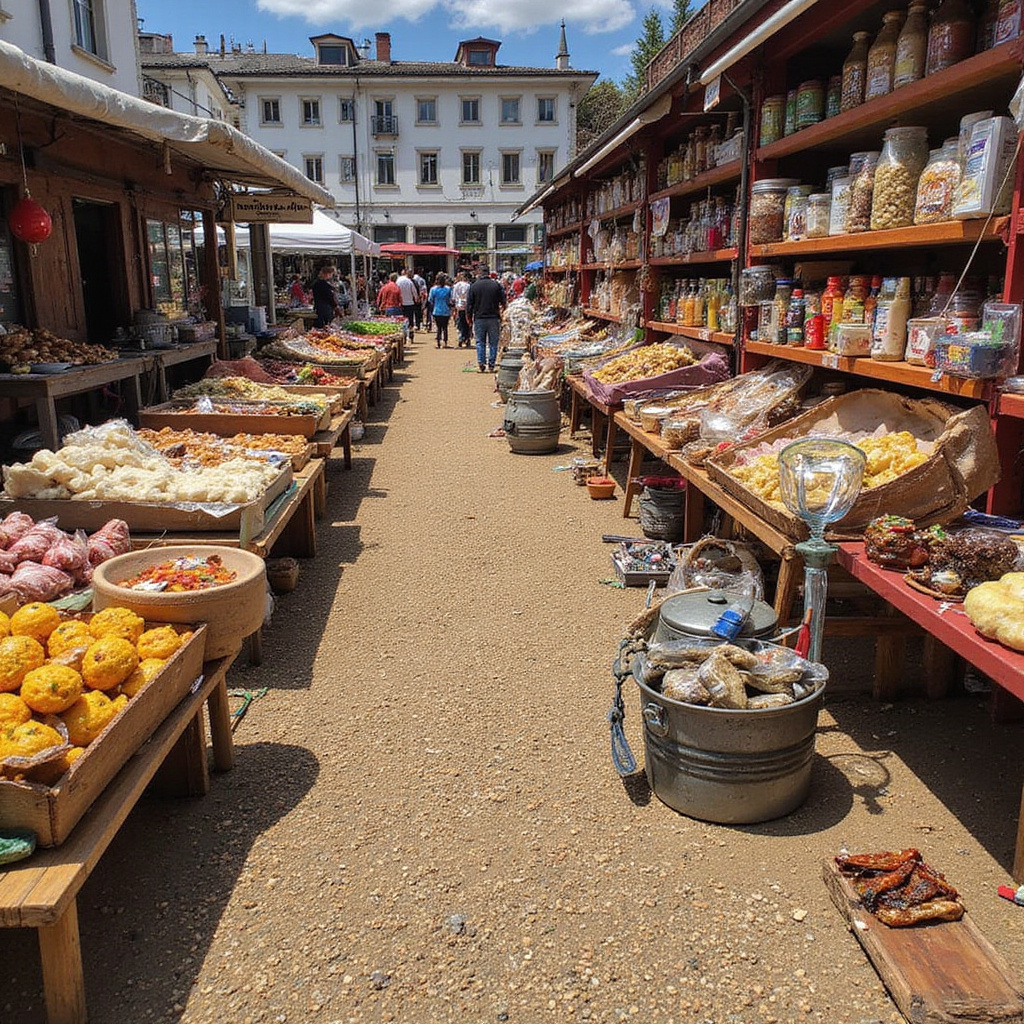 Kolorowe stragany Salamanca Market z drewnianymi wyrobami i lokalnym miodem