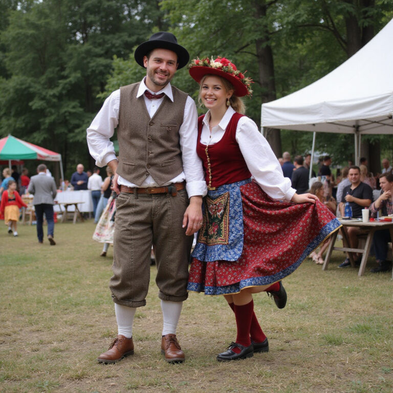 Tancerze w tradycyjnych strojach na Festiwalu Polki w Czechach, folklor, radość