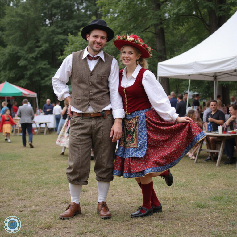 Tancerze w tradycyjnych strojach na Festiwalu Polki w Czechach, folklor, radość