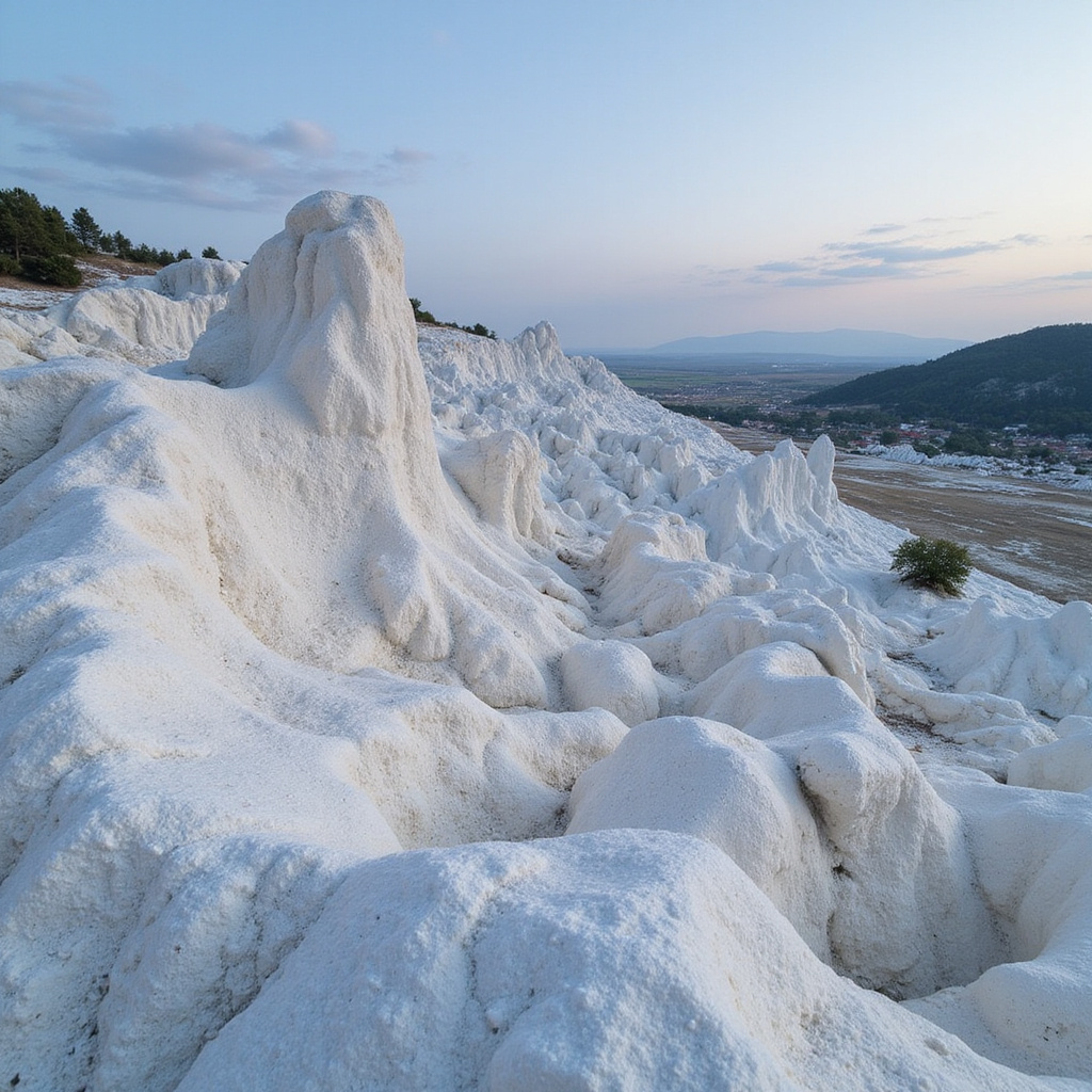 Termalne baseny Pamukkale otoczone śniegiem, widok naturalny