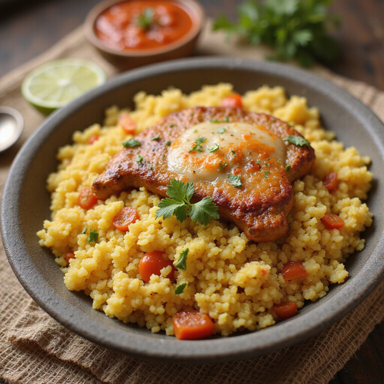 Tradycyjny tunezyjski couscous halal z baraniną i warzywami na drewnianym stole