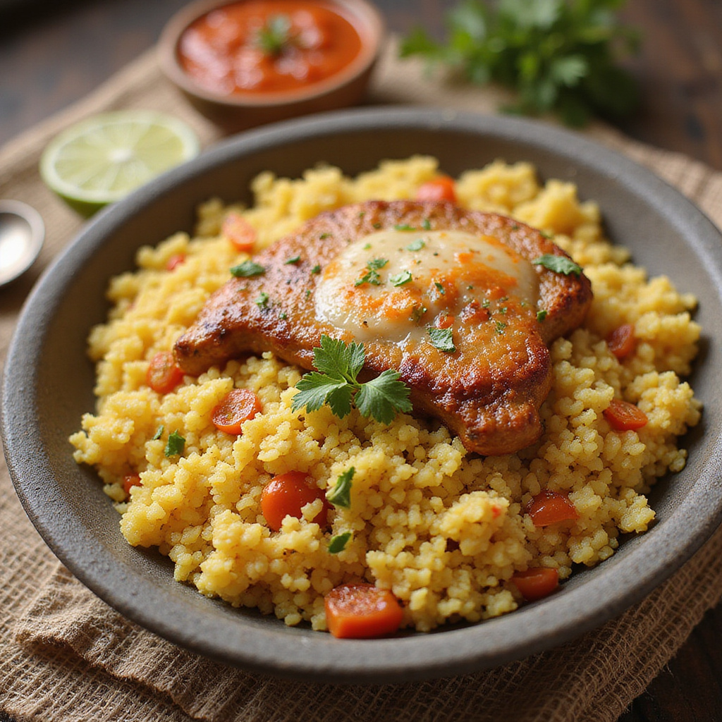 Tradycyjny tunezyjski couscous halal z baraniną i warzywami na drewnianym stole