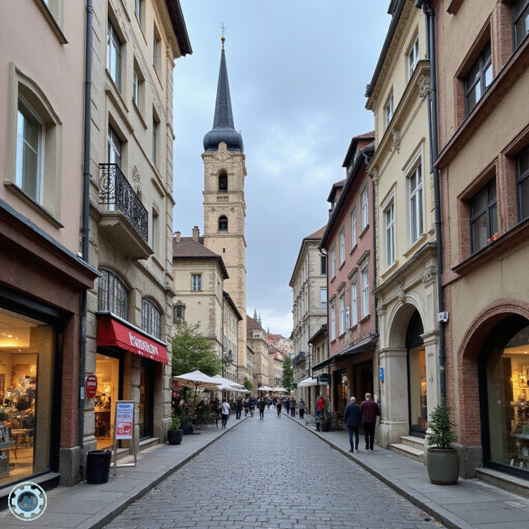 Atrakcje Mediolan: ulica w centrum przy katedrze Duomo z przechodniami i sklepami