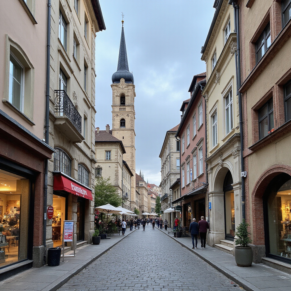 Atrakcje Mediolan: ulica w centrum przy katedrze Duomo z przechodniami i sklepami