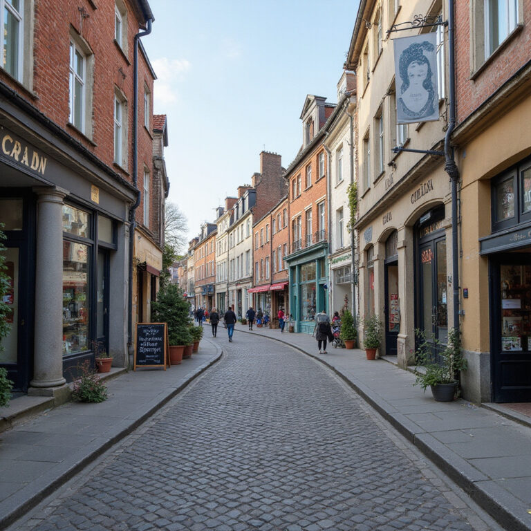 Brukowana ulica w Vieux Lille z estaminetami gdzie zjeść w Lille, otoczone historycznymi budynkami i stolikami na zewnątrz