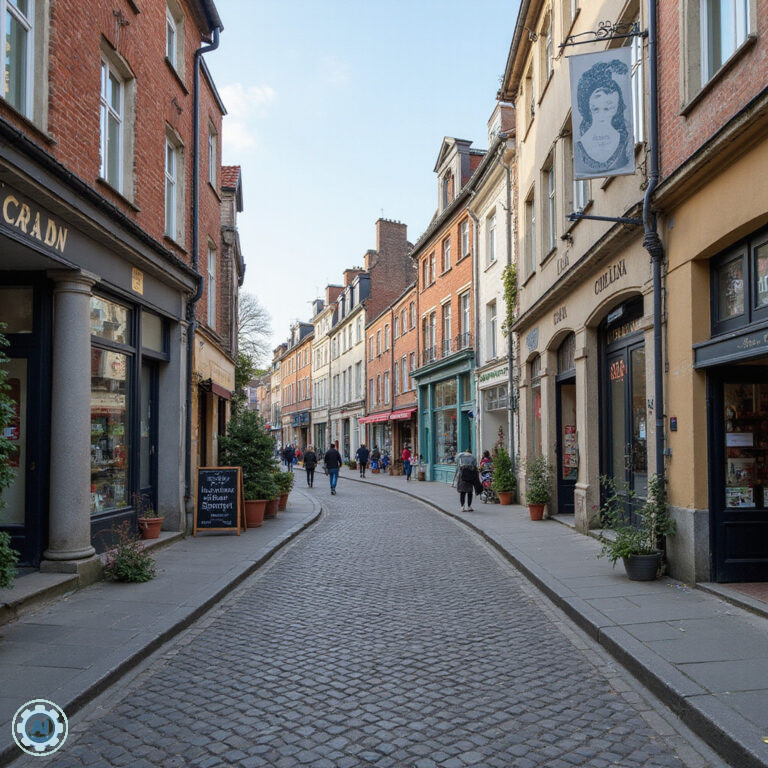 Brukowana ulica w Vieux Lille z estaminetami gdzie zjeść w Lille, otoczone historycznymi budynkami i stolikami na zewnątrz