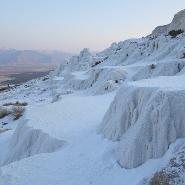 Białe tarasy Pamukkale zimą pokryte śniegiem, krajobraz turystyczny