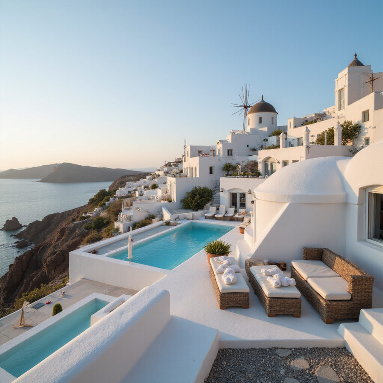 Białe domy Santorini z błękitnymi kopułami na tle morza – architektura inspirowana tradycją i klimatem