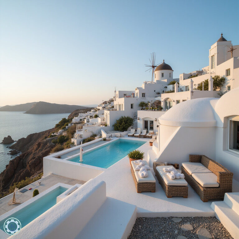 Białe domy Santorini z błękitnymi kopułami na tle morza – architektura inspirowana tradycją i klimatem