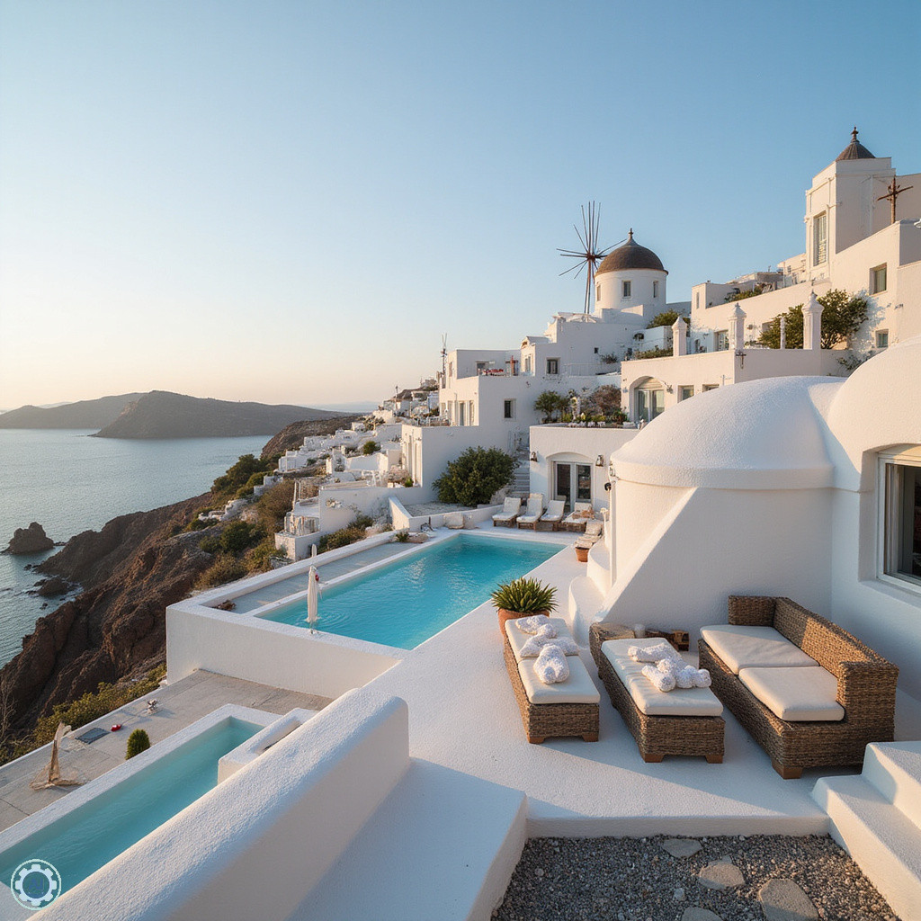 Białe domy Santorini z błękitnymi kopułami na tle morza – architektura inspirowana tradycją i klimatem