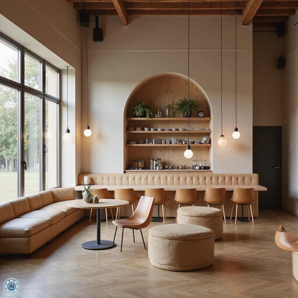 Café Museum w Pilźnie - minimalistyczne wnętrze projektu Loosa z marmurowymi stołami i geometrycznymi lampami