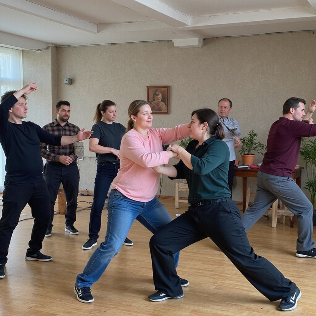 Grupa osób ćwicząca tai chi nad morzem - harmonia i relaks