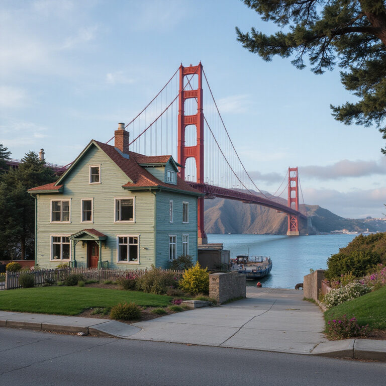 kolorowe domki nad zatoką w Sausalito, widok na Golden Gate