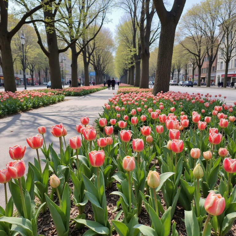 Tulipany w parku Emirgan w Stambule – wiosenne kwiaty i zielone trawniki