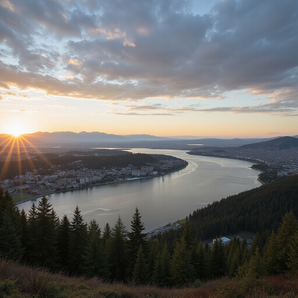 Panorama zielonych wzgórz i wody w okolicy Seattle