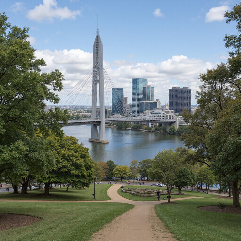 Atrakcje Brisbane: park z widokiem na rzekę i skyline miasta