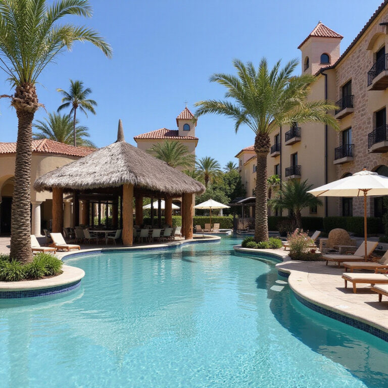 Plaza w Cancún z turkusową wodą i palmami – idealne miejsce na relaks