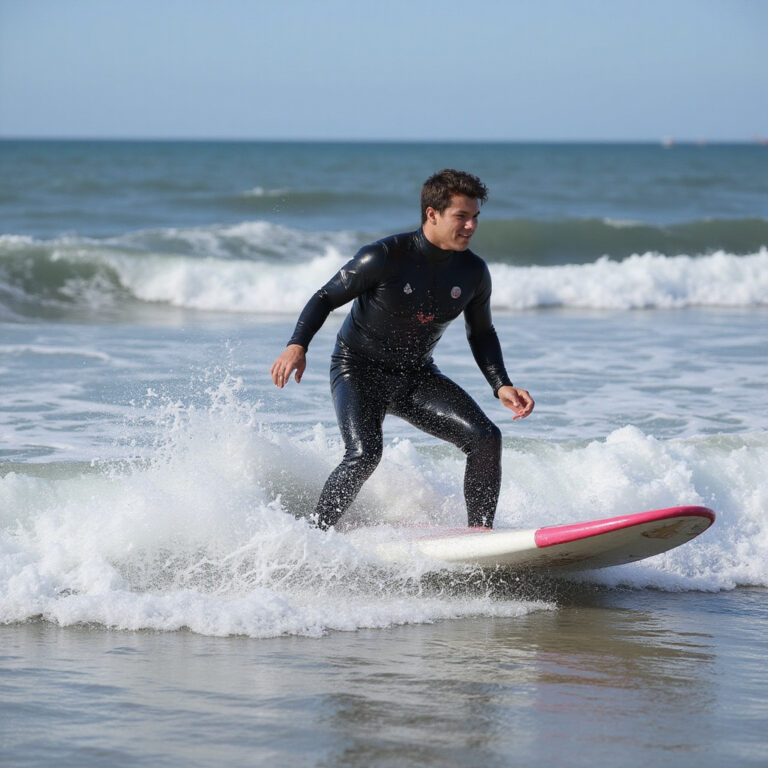 Początkujący surfer na plaży My Khe w Wietnamie, uczący się łapać fale