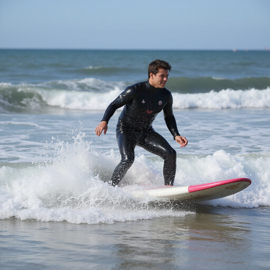 Początkujący surfer na plaży My Khe w Wietnamie, uczący się łapać fale