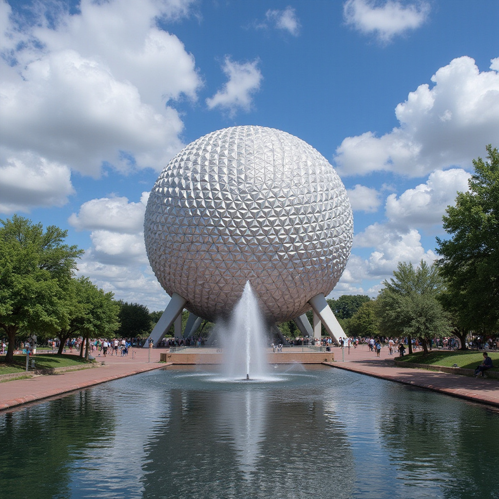 Spokojna uliczka w Epcot z widokiem na Spaceship Earth, idealne światło poranne