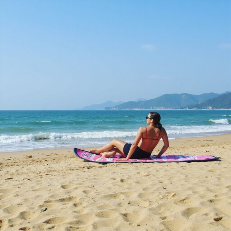 Rowerzysta na plaży My Khe w Da Nang – idealna trasa rowerowa wzdłuż wybrzeża