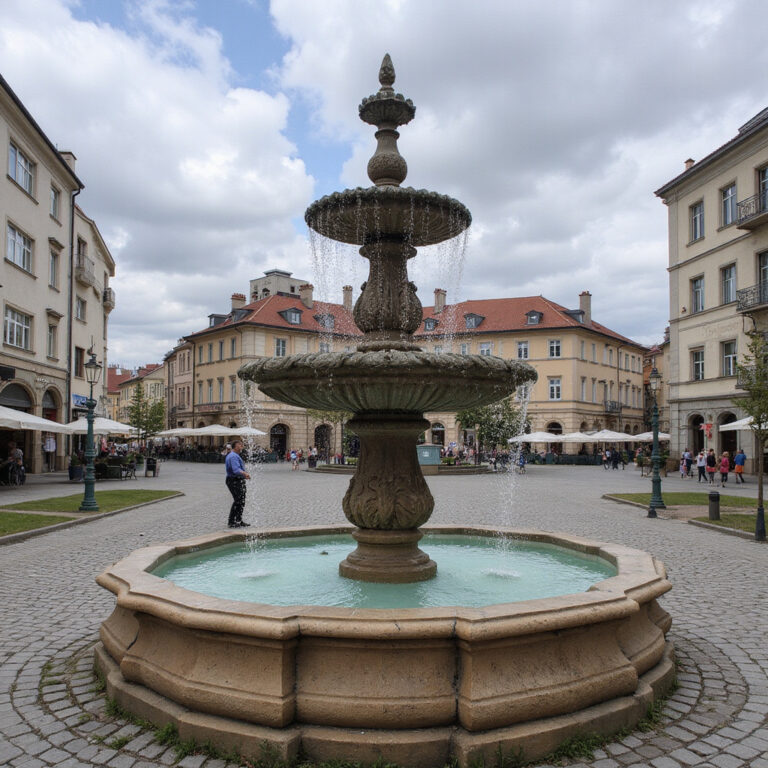 Rynek Starego Miasta w Warszawie z fontanną Syrenki i odbudowanymi kamienicami