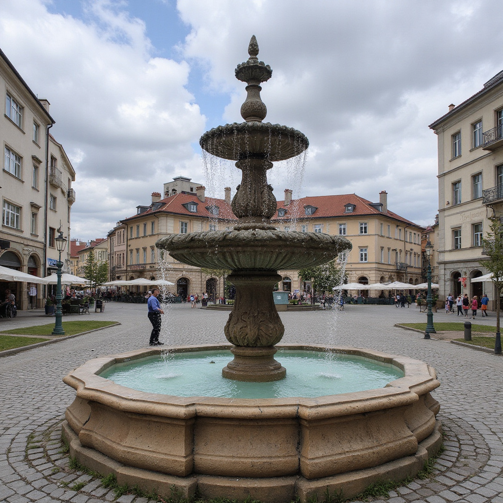 Rynek Starego Miasta w Warszawie z fontanną Syrenki i odbudowanymi kamienicami