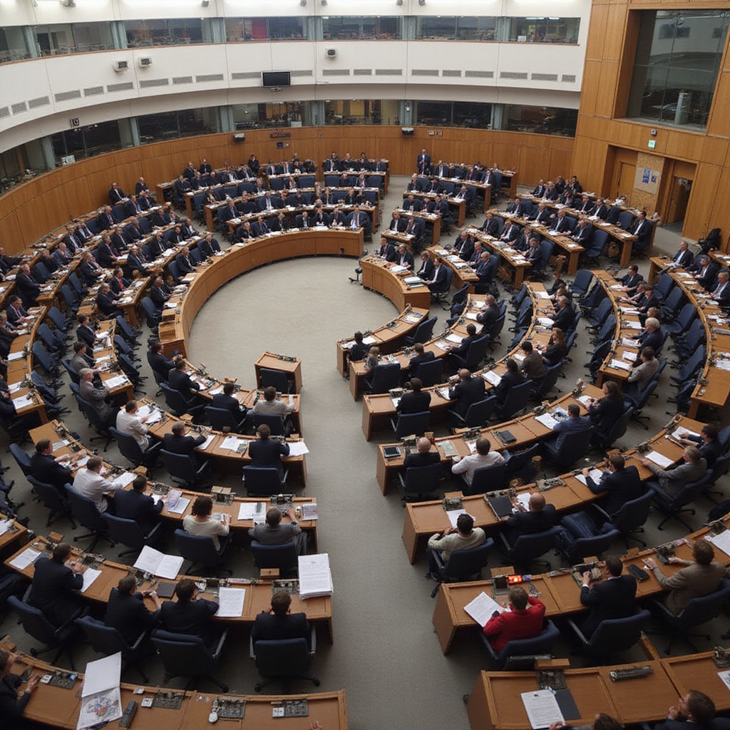Wnętrze Parlamentu Europejskiego w Strasburgu - sala obrad i nowoczesna demokracja
