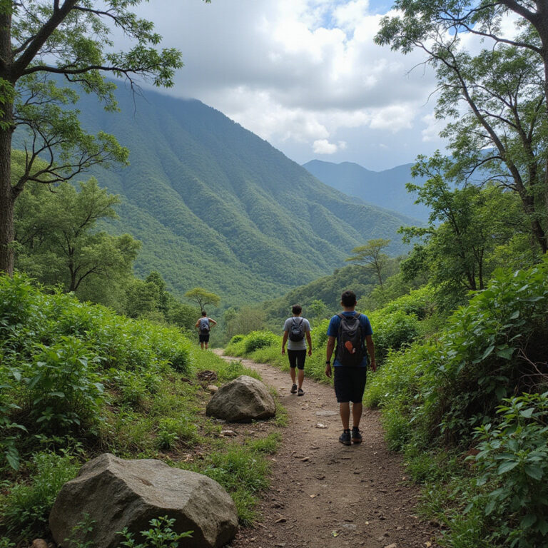 Trekking do wodospadu Lamou przez bujną dżunglę Mindanao, widok na ścieżkę wśród zieleni