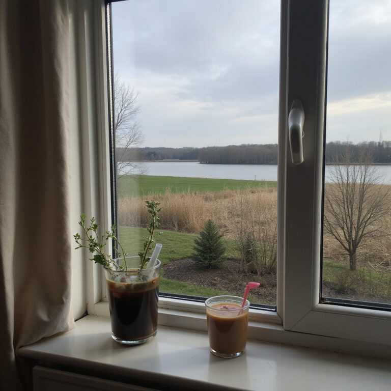 Śniadanie w Canberze z widokiem na jezioro Burley Griffin, świeże owoce i kawa