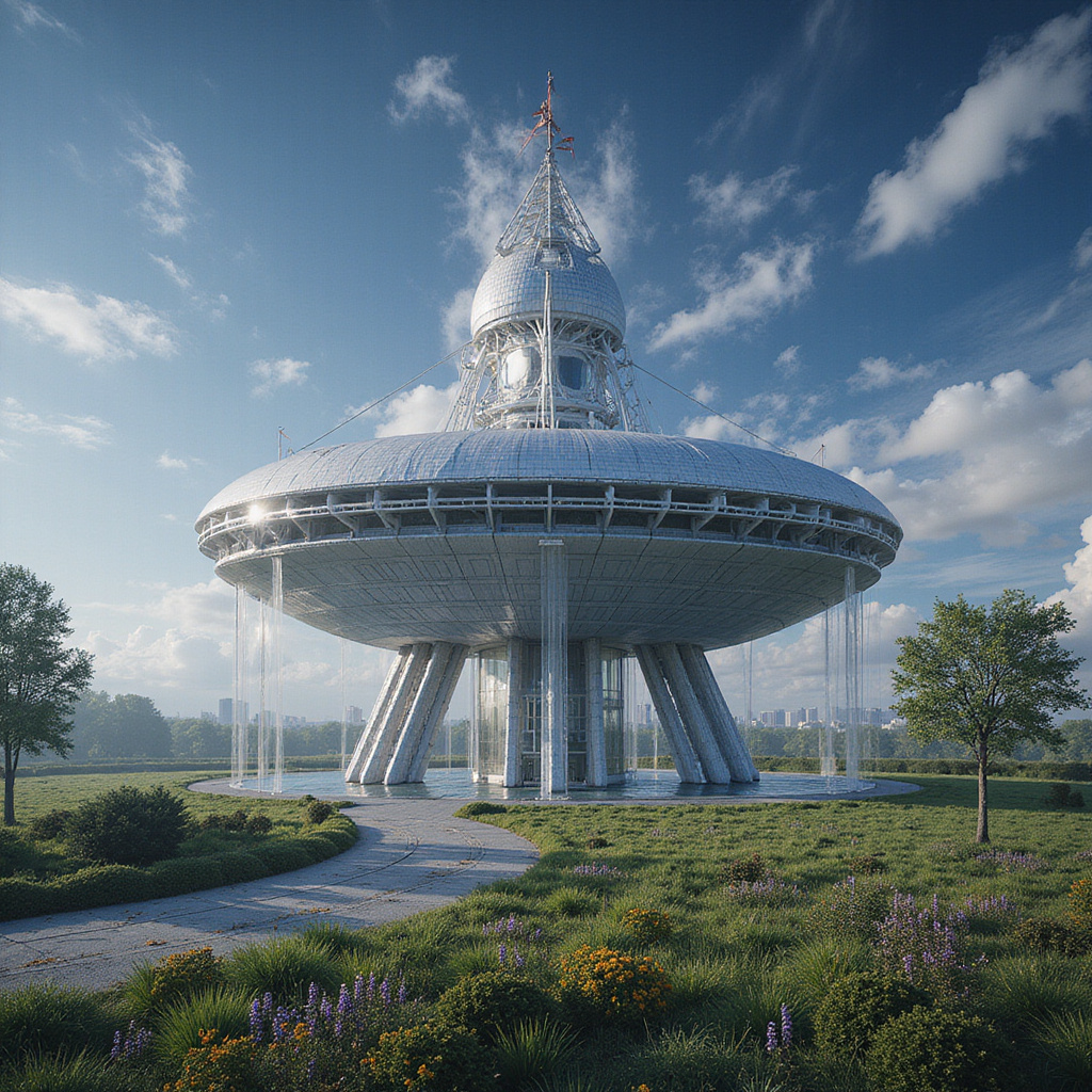Futurystyczna kopuła Spaceship Earth w miękkim świetle zachodu słońca