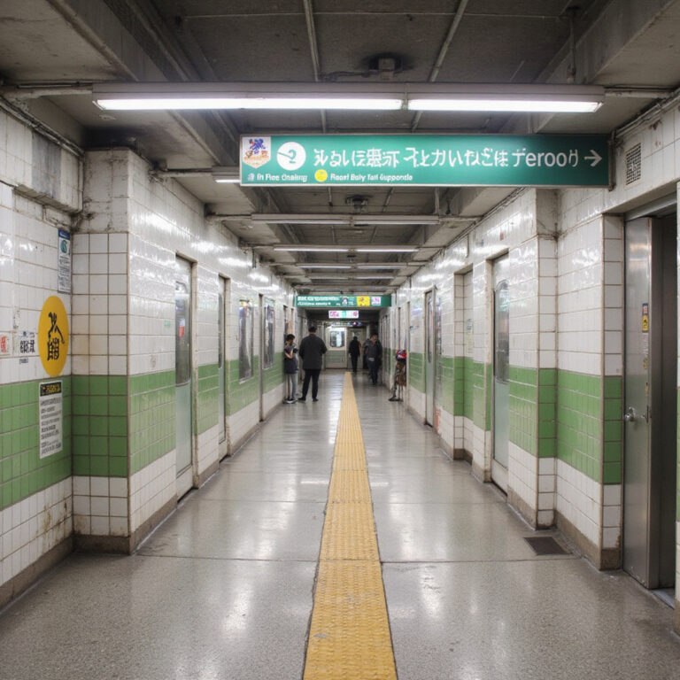 Stacja metra Fukuoka Subway z widocznymi znakami w języku angielskim i japońskim