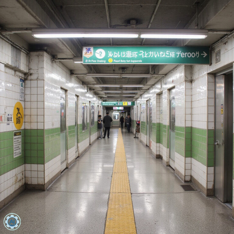 Stacja metra Fukuoka Subway z widocznymi znakami w języku angielskim i japońskim